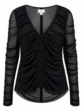 Anthropologie Maeve Ruched Mesh Long Sleeve V-Neck Top Black 2X Plus Size